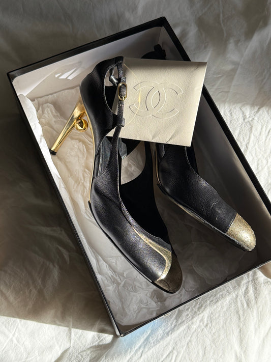 Vintage Chanel Black Leather & Gold CC Sculptural Heel Slingback Pumps