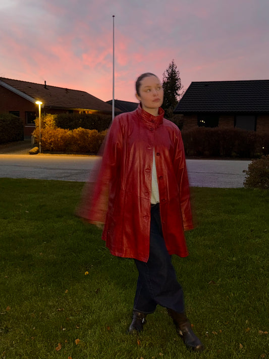 Vintage Red Long Leather Jacket