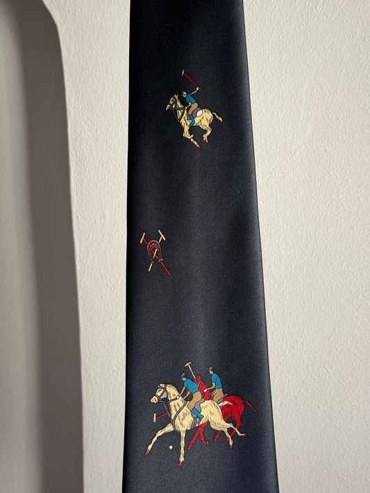 Vintage Giovanni Italian Navy Blue Tie with Polo Player Motif