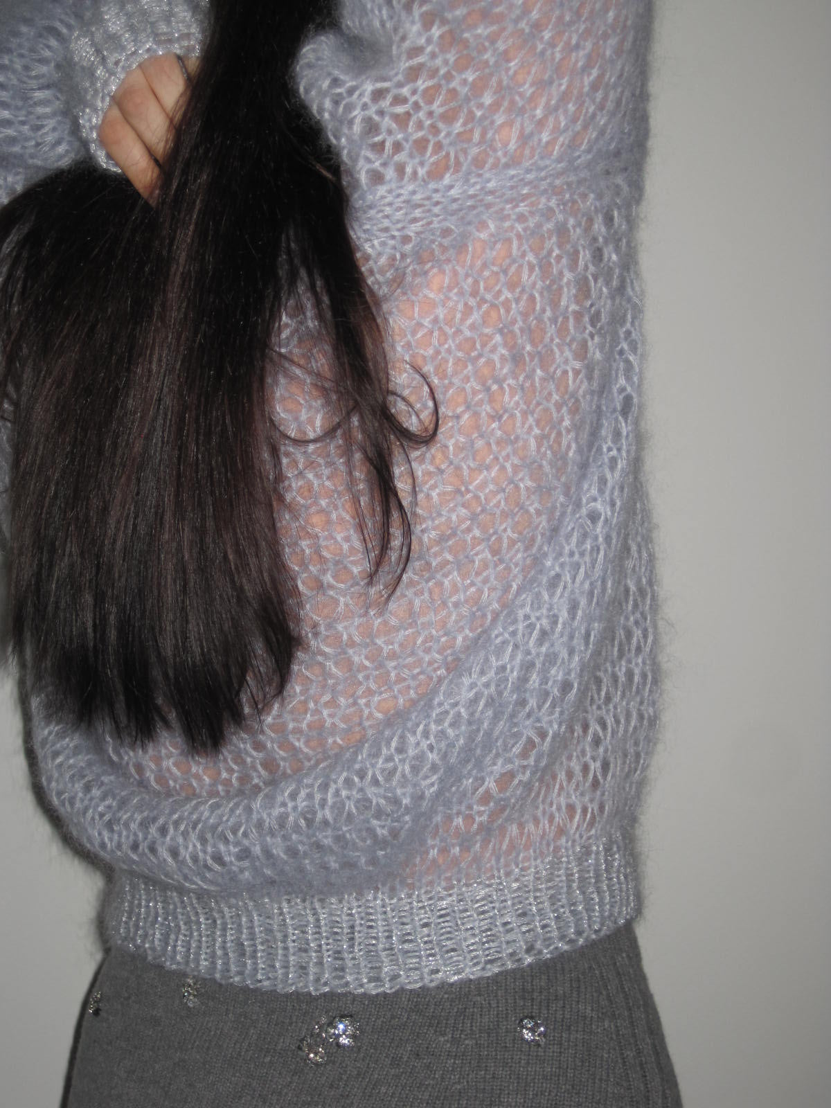 Vintage Hand-Knit Baby Blue Oversized Sweater With Silver Shimmer Trim