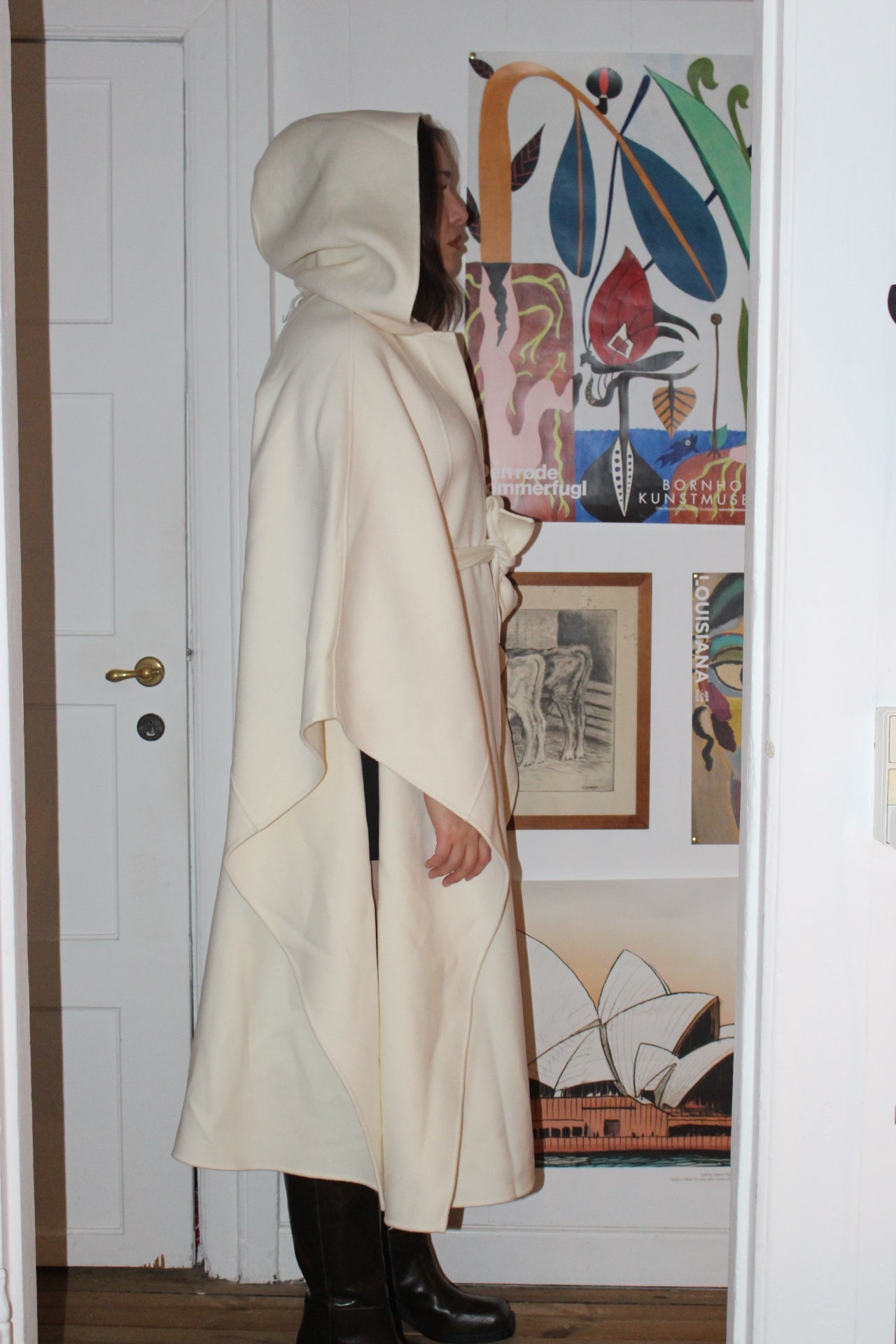Mackage Wool Cream Poncho with Hood and Belt