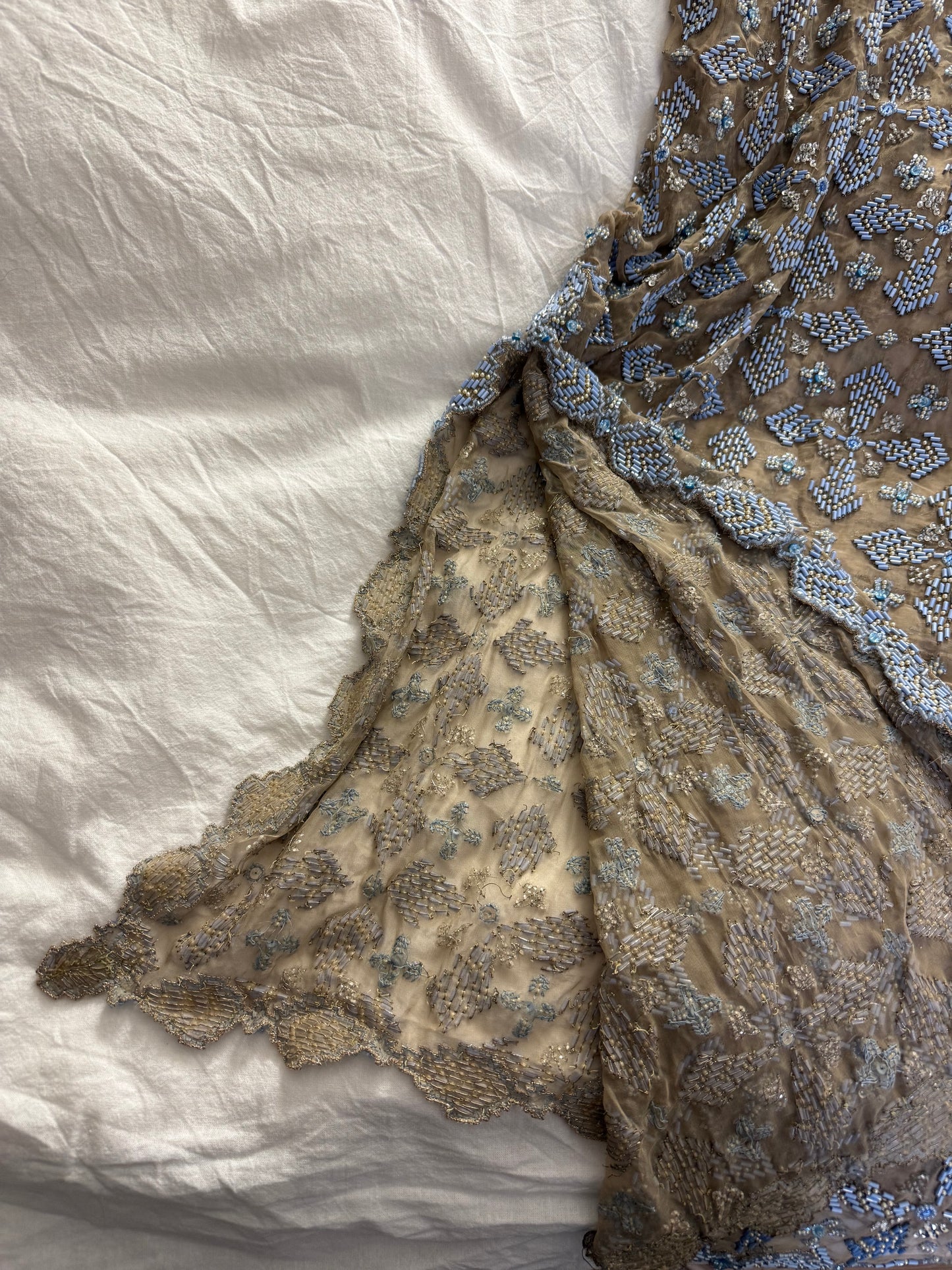 Rare Hand Beaded Vintage Cocktail Dress in Soft Nude and Blue