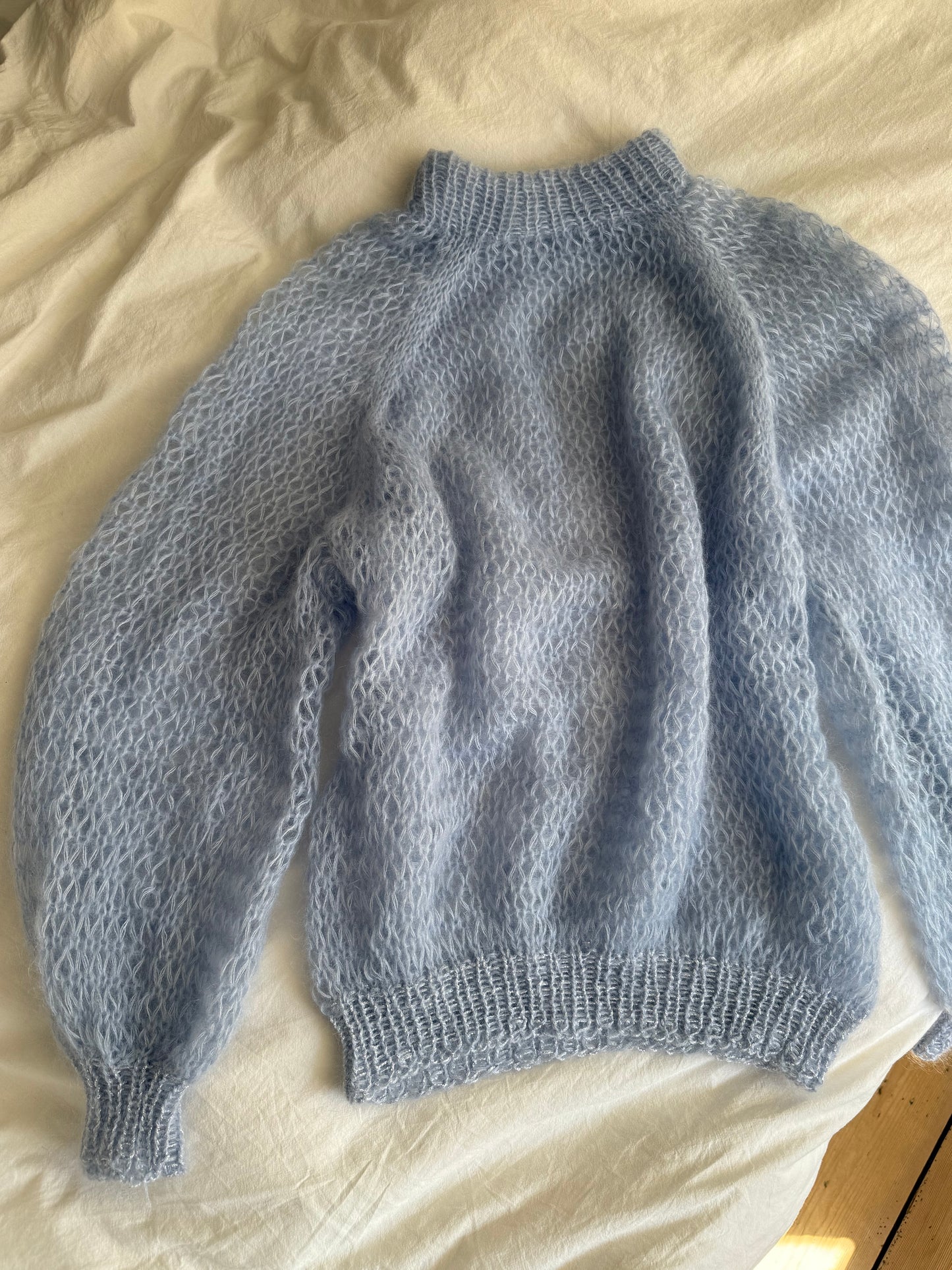 Vintage Hand-Knit Baby Blue Oversized Sweater With Silver Shimmer Trim