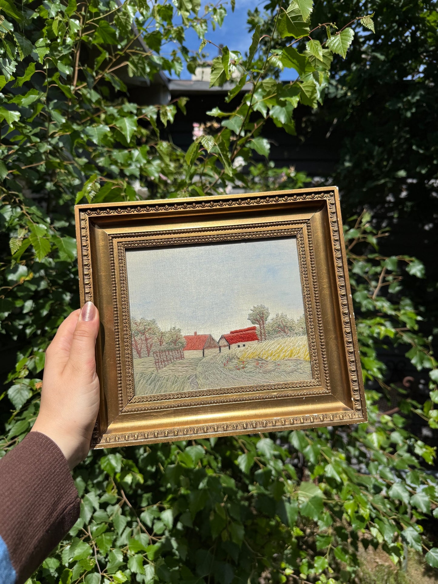 Vintage Framed Hand Embroidered Countryside Landscape
