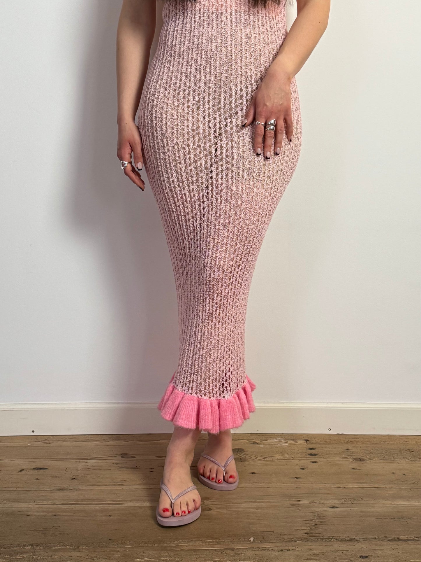 Rotate Pink Open Back Mermaid Crochet Maxi Dress With Ruffle Trim
