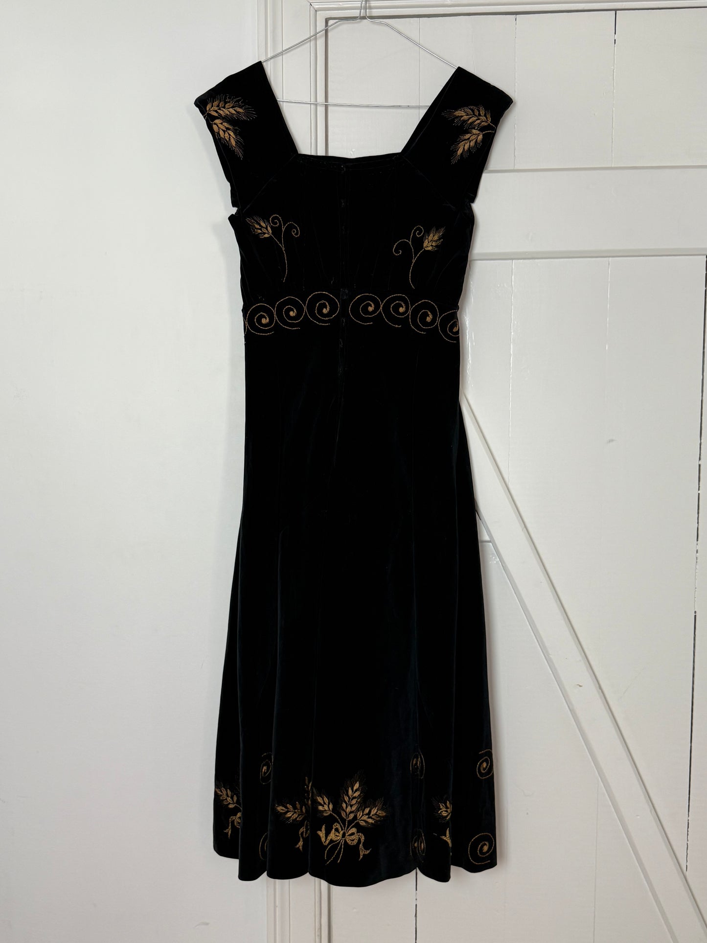 Vintage Black Velvet Embroidered Midi Dress with Gold Floral Details