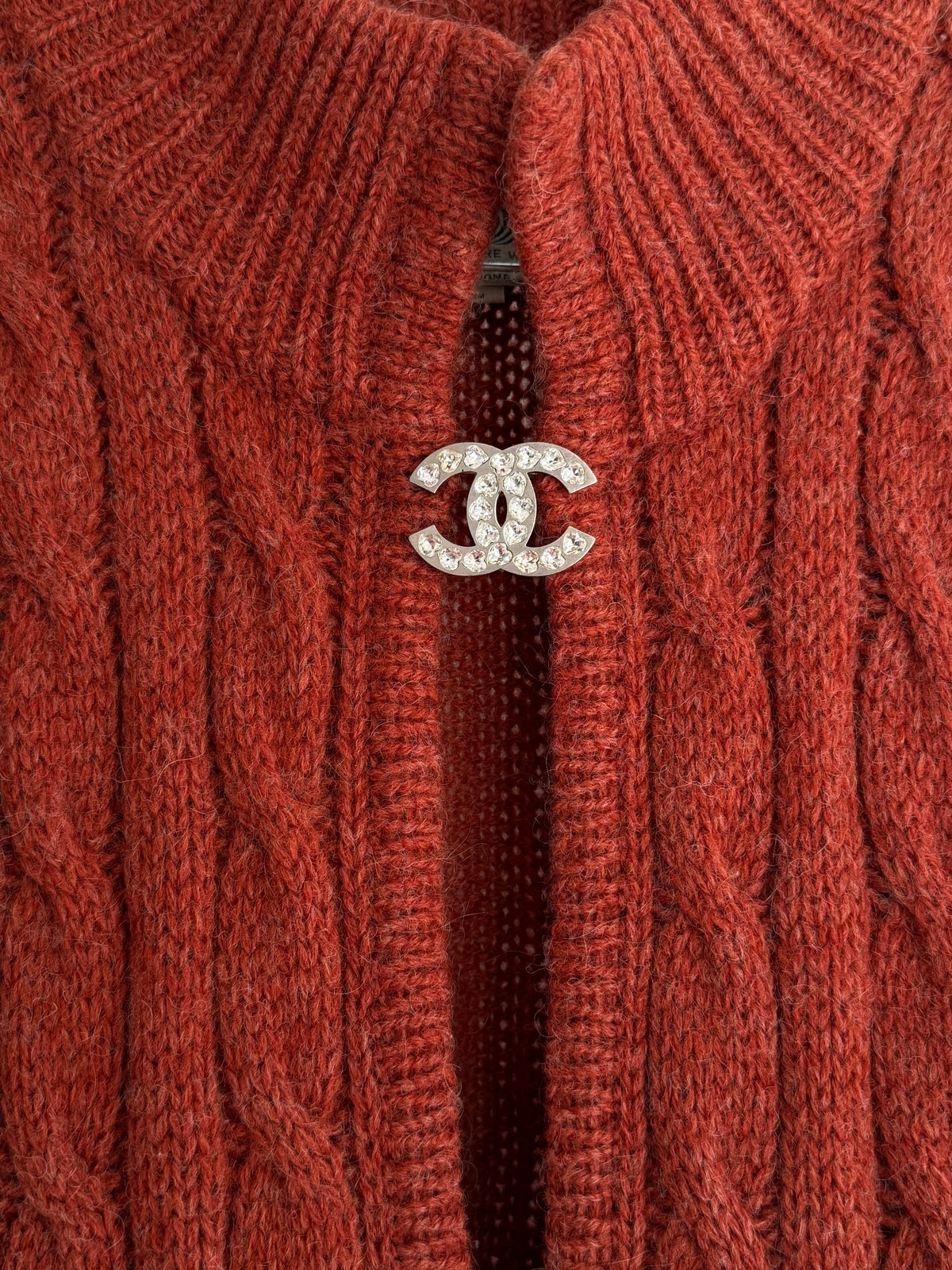 Vintage Chanel CC Logo Brooch with Heart Shaped Crystals in Silver Tone