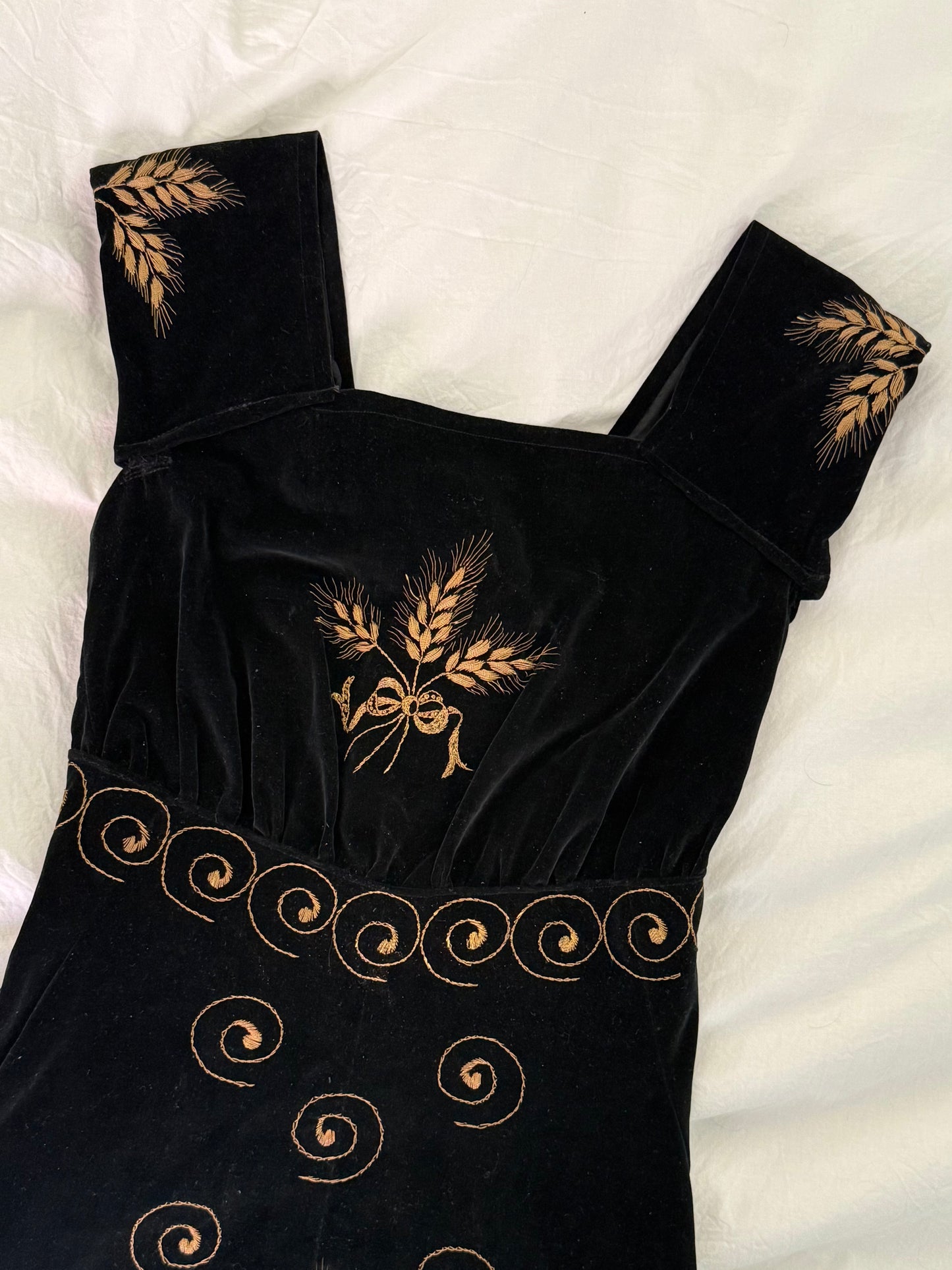 Vintage Black Velvet Embroidered Midi Dress with Gold Floral Details