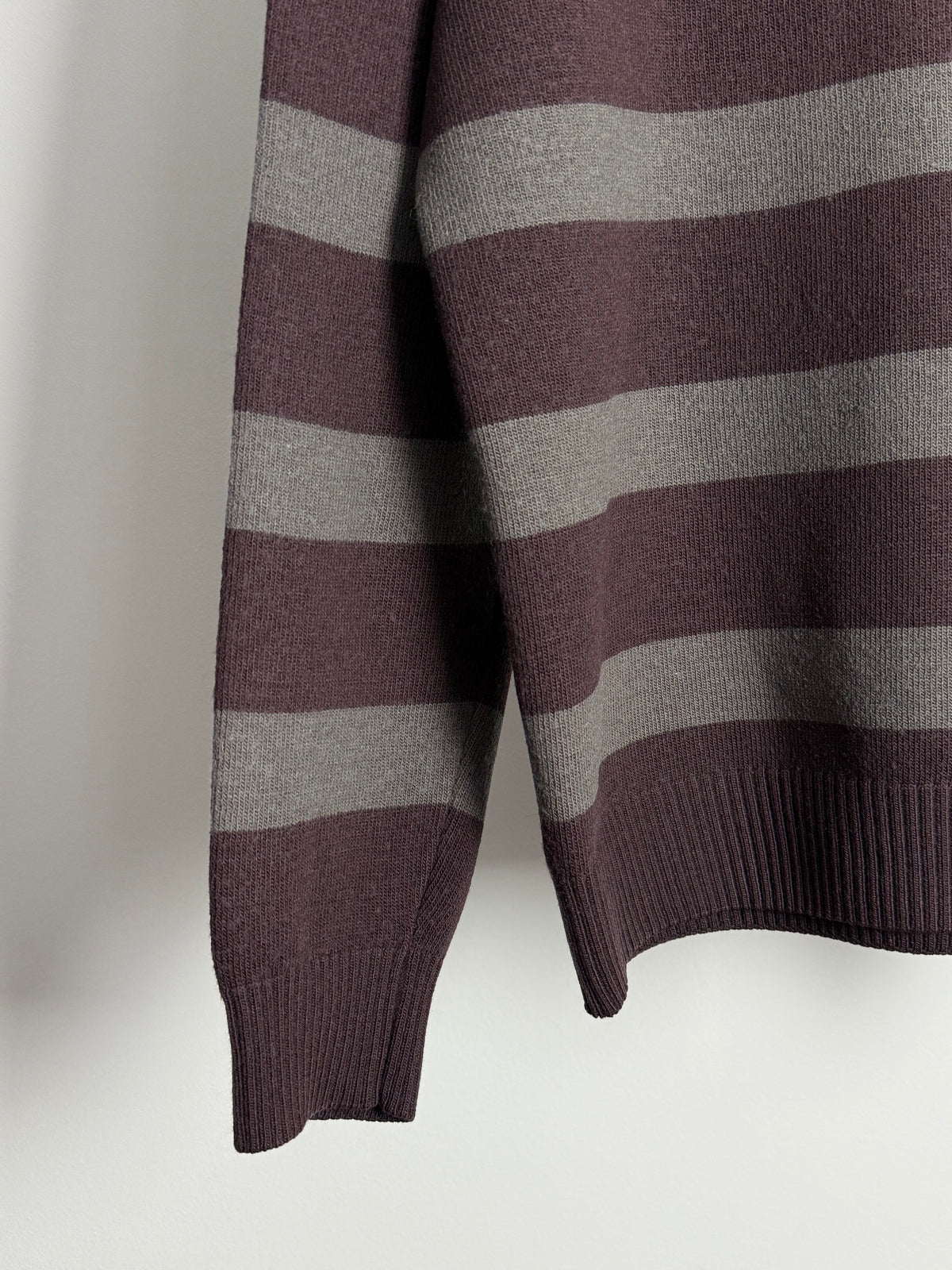 Vintage Lacoste Burgundy and Grey Striped Knit Sweater with Classic Logo