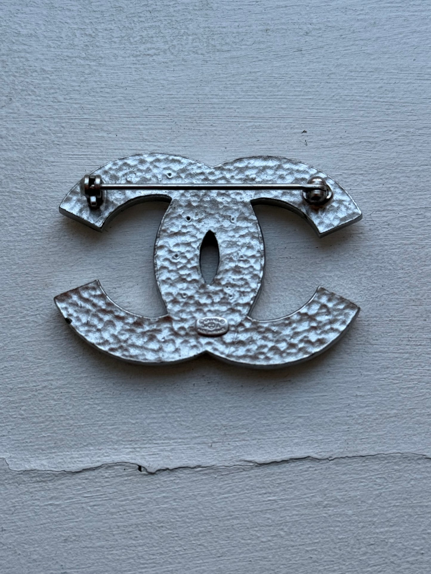 Vintage Chanel CC Logo Brooch with Heart Shaped Crystals in Silver Tone