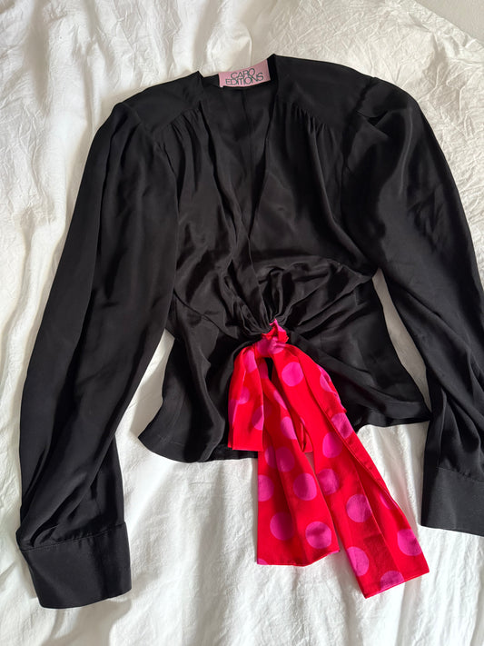 Caro Edition Black Silk Blouse with Draped Front and Pink Polka Dot Tie