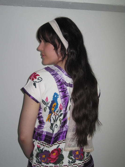 Las Ninãs Folk Embroidered Top With Bird Motif and Purple Satin Trim
