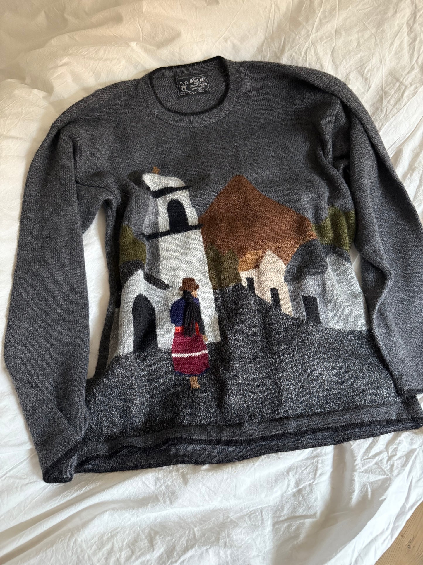 Vintage Alpaca Peru Sweater with Church Pattern
