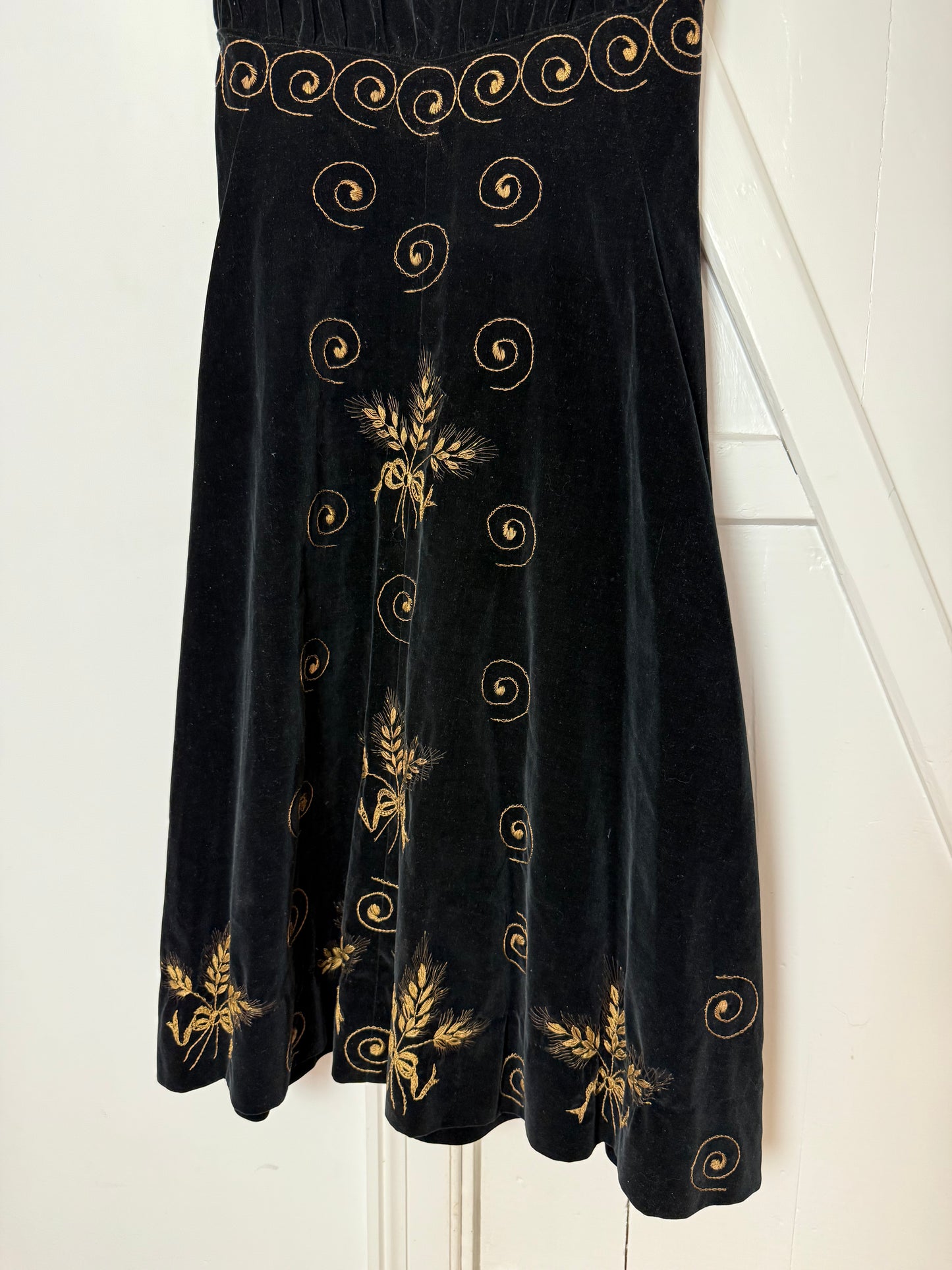 Vintage Black Velvet Embroidered Midi Dress with Gold Floral Details