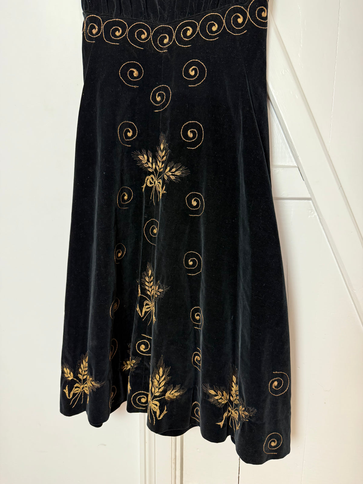 Vintage Black Velvet Embroidered Midi Dress with Gold Floral Details
