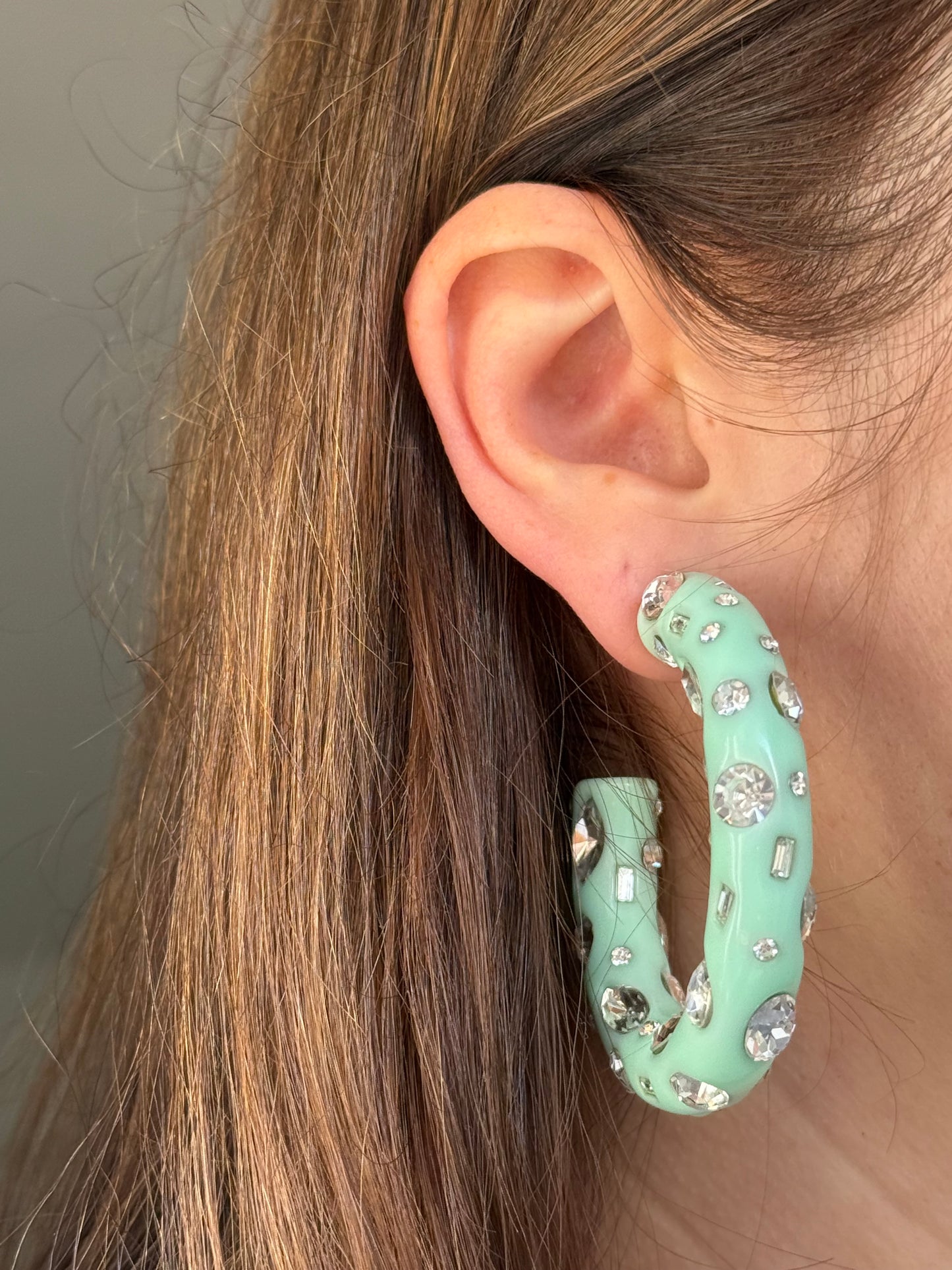 Dannijo Mint Green Resin Hoop Earrings with Crystal Embellishments