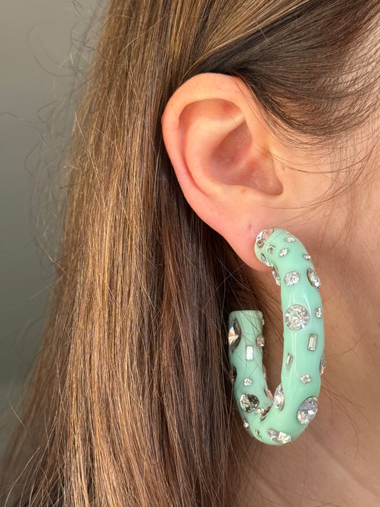Dannijo Mint Green Resin Hoop Earrings with Crystal Embellishments