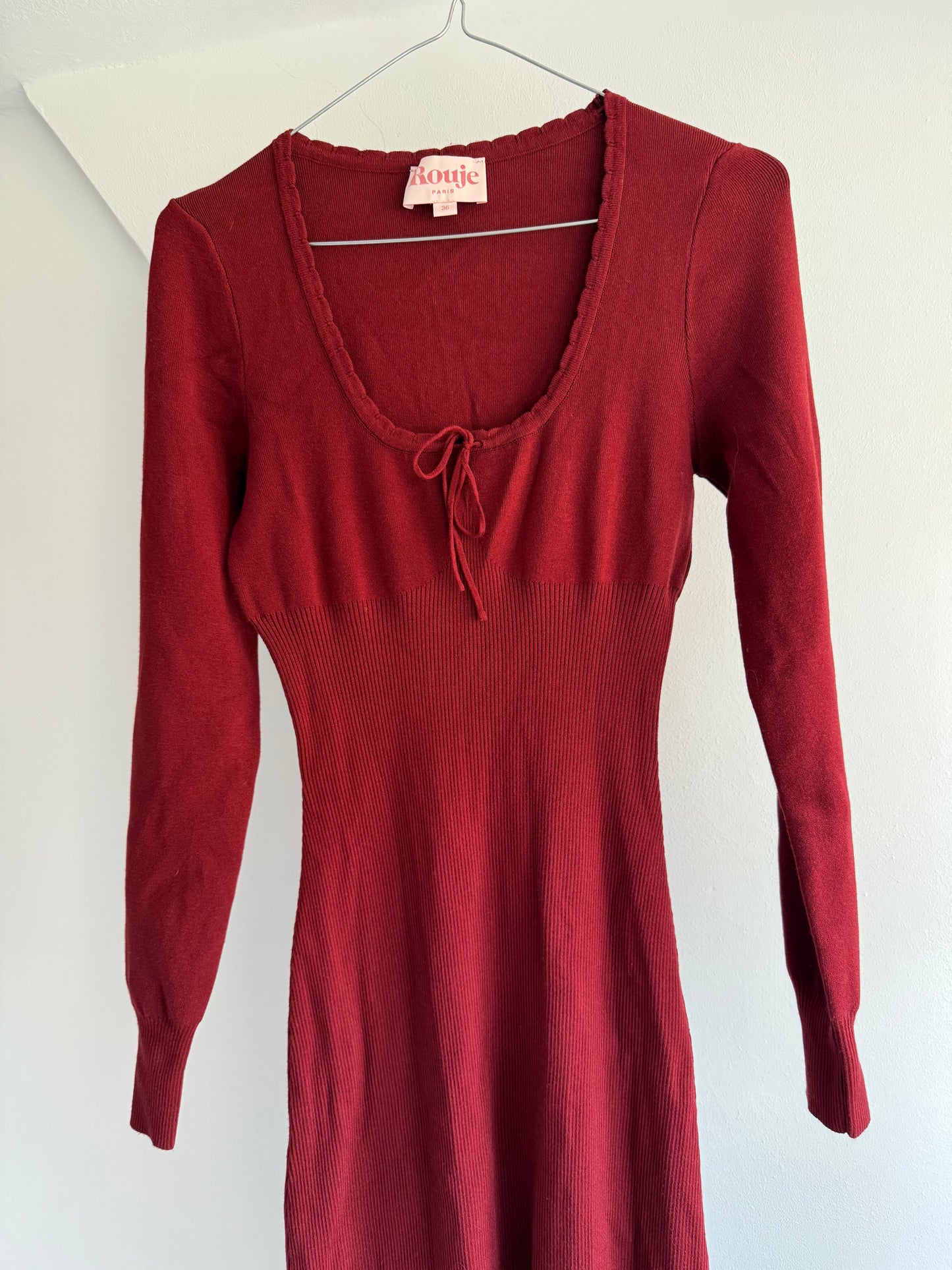 Rouje Wine Red Dress with Defined Waist and Tie Details