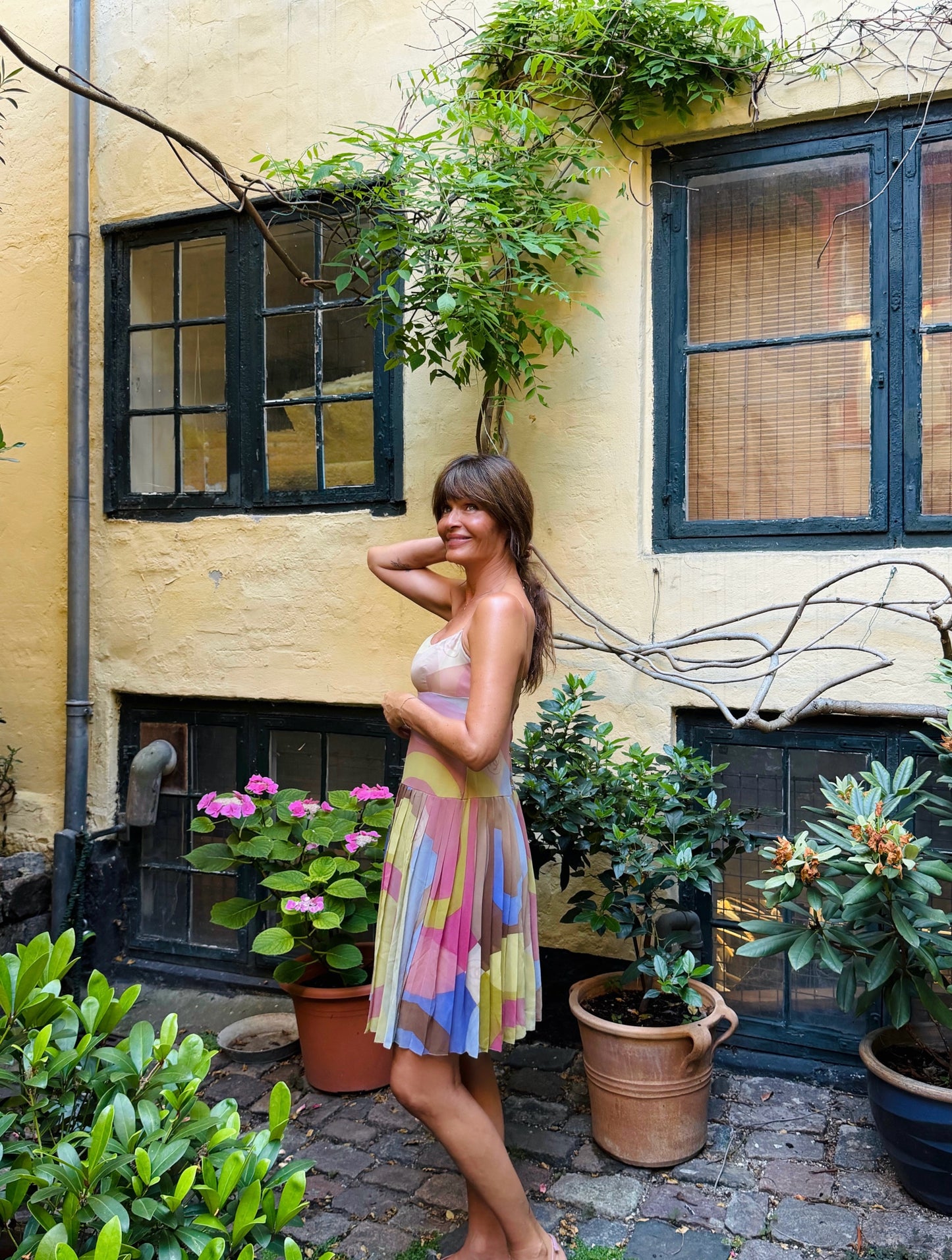 Iconic Vintage Chanel Silk Pleated Dress with Multicolor Abstract Print