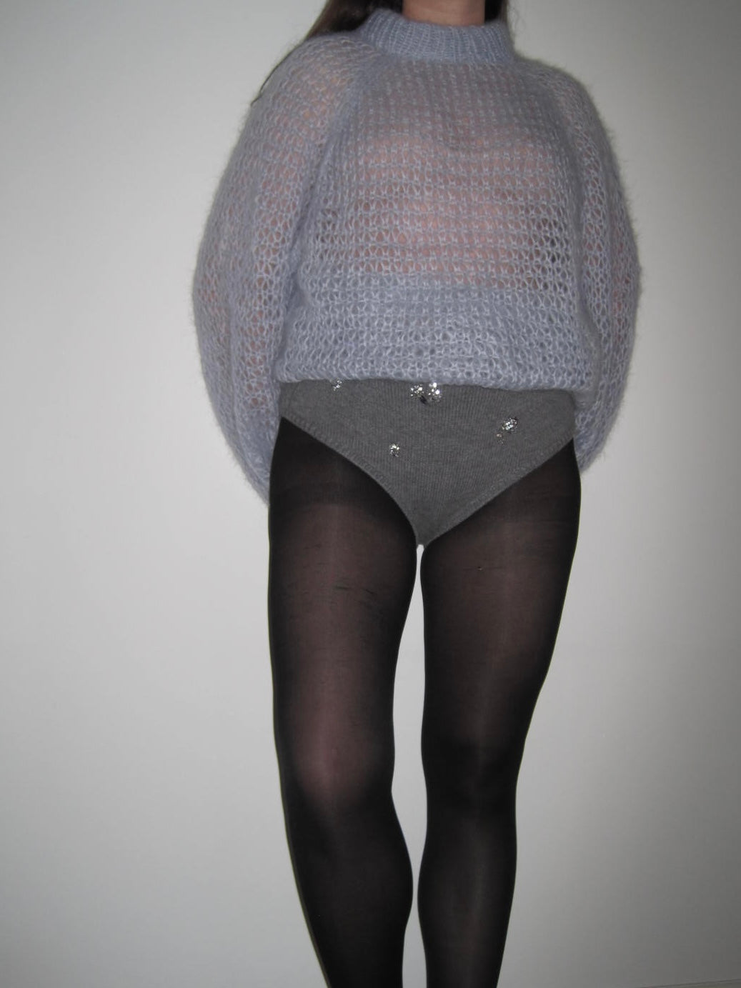 Vintage Hand-Knit Baby Blue Oversized Sweater With Silver Shimmer Trim