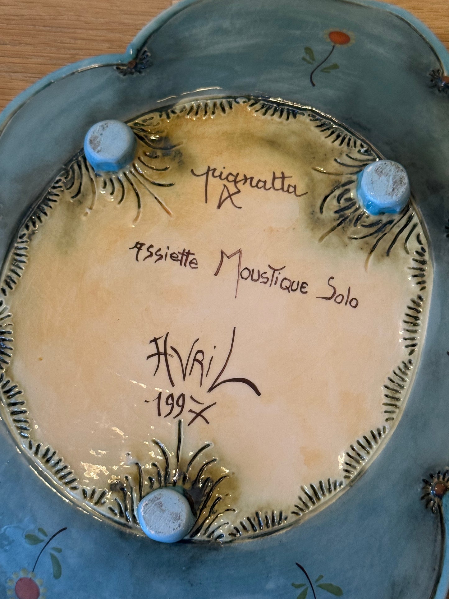 Vintage 1997 Véronique Pignatta Hand Painted Ceramic Plate with Flower and Mosquito