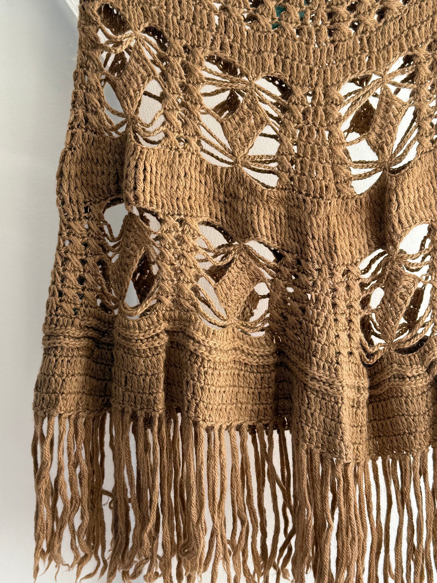 Vintage Rare Baby Alpaca Crochet Fringe Poncho Top in Camel Brown