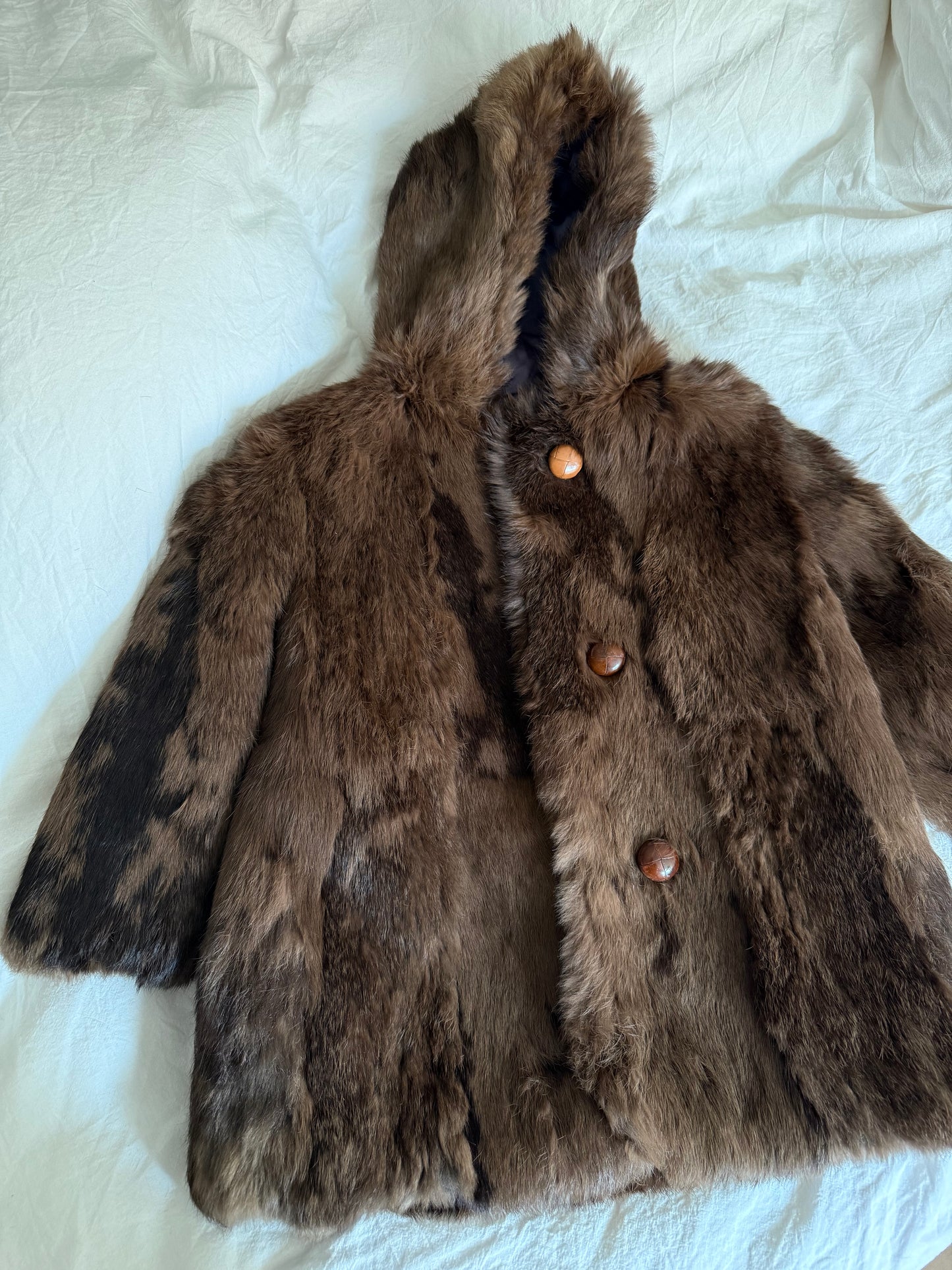 Vintage Children’s Fur Coat with Hoodie and Wood Buttons