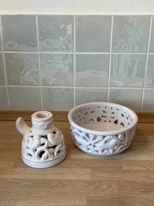 Vintage L. Hjorts Ceramic Set with Bowl and Candle Holder c. 1960s
