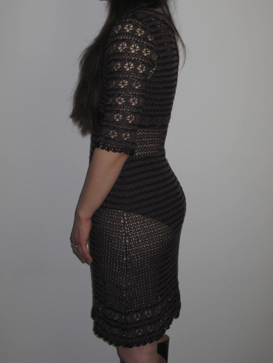 Vintage Karen Millen Brown Crochet Lace Knit Midi Dress