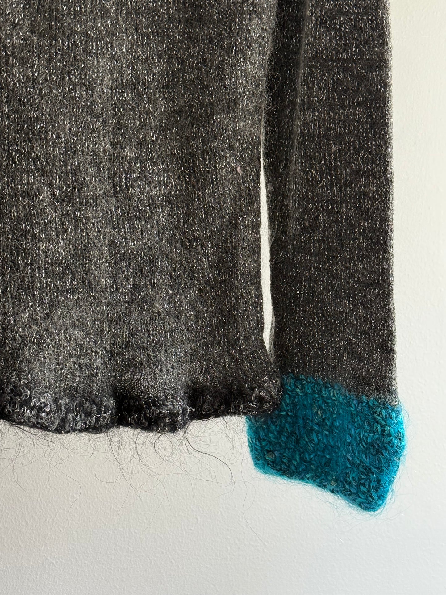 Vintage Mohair Blend Glitter Top with Pink and Blue Knitted Details on the Sleeves