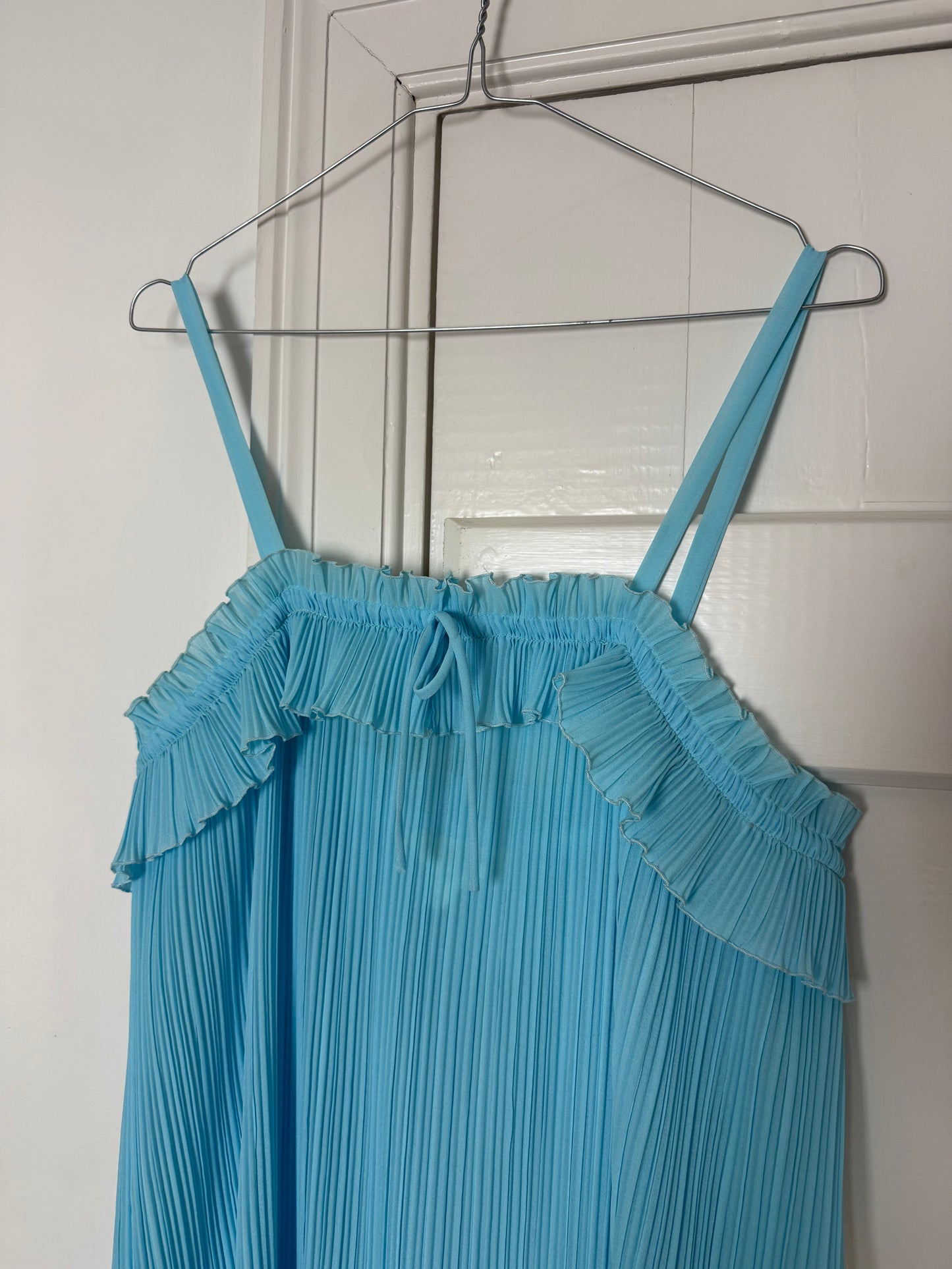 Vintage Aqua Pleated Maxi Dress with Ruffle Neckline