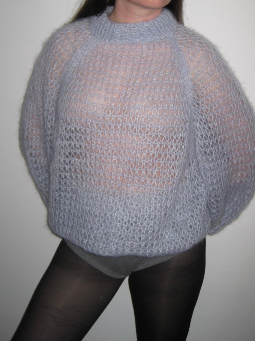 Vintage Hand-Knit Baby Blue Oversized Sweater With Silver Shimmer Trim
