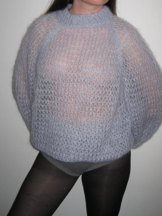 Vintage Hand-Knit Baby Blue Oversized Sweater With Silver Shimmer Trim