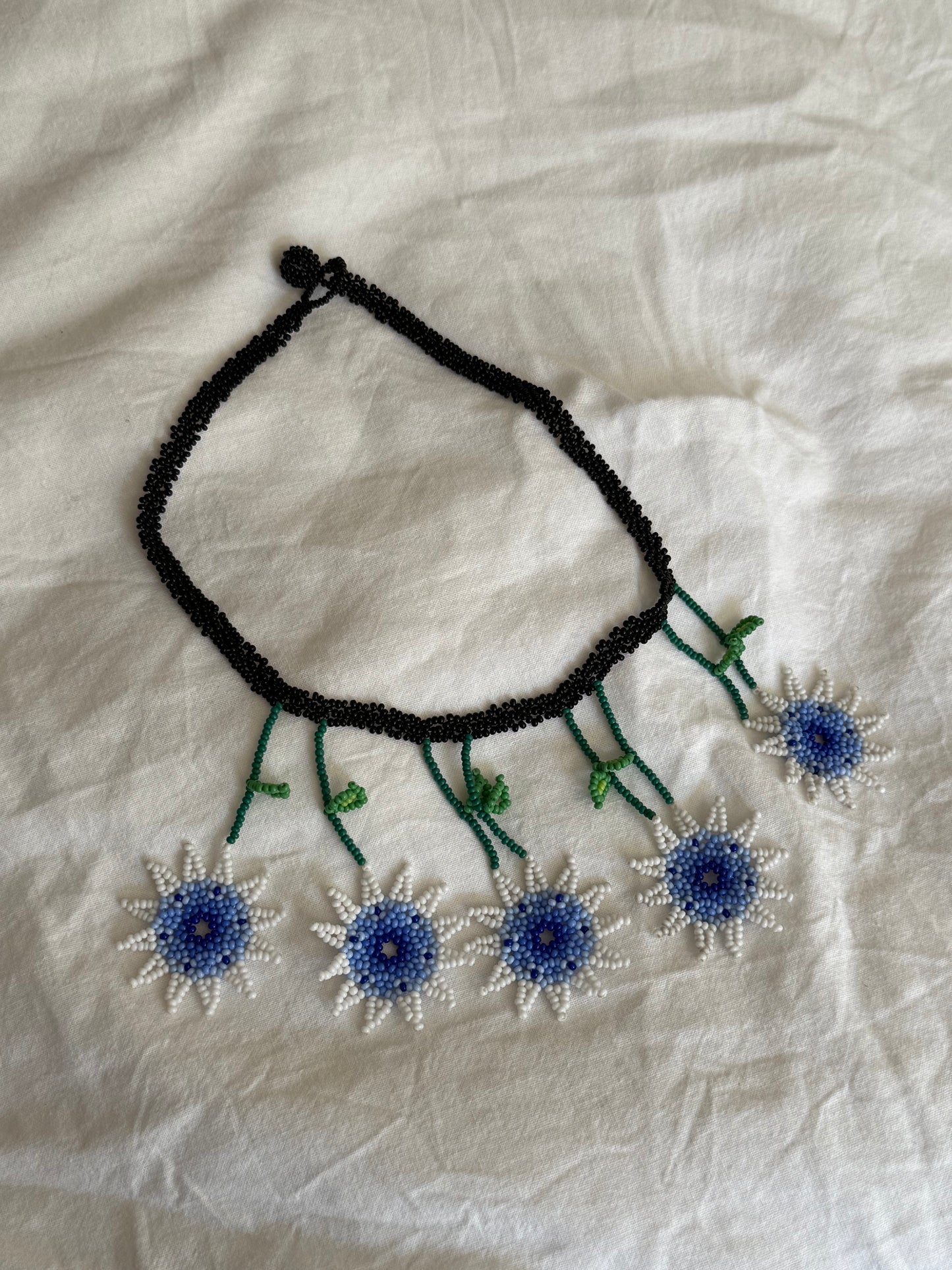 Vintage Hand Beaded Blue Daisy Statement Necklace