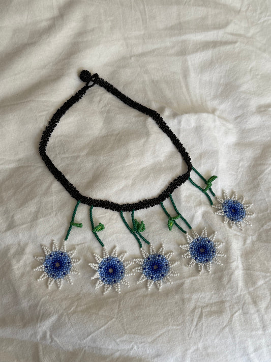 Vintage Hand Beaded Blue Daisy Statement Necklace