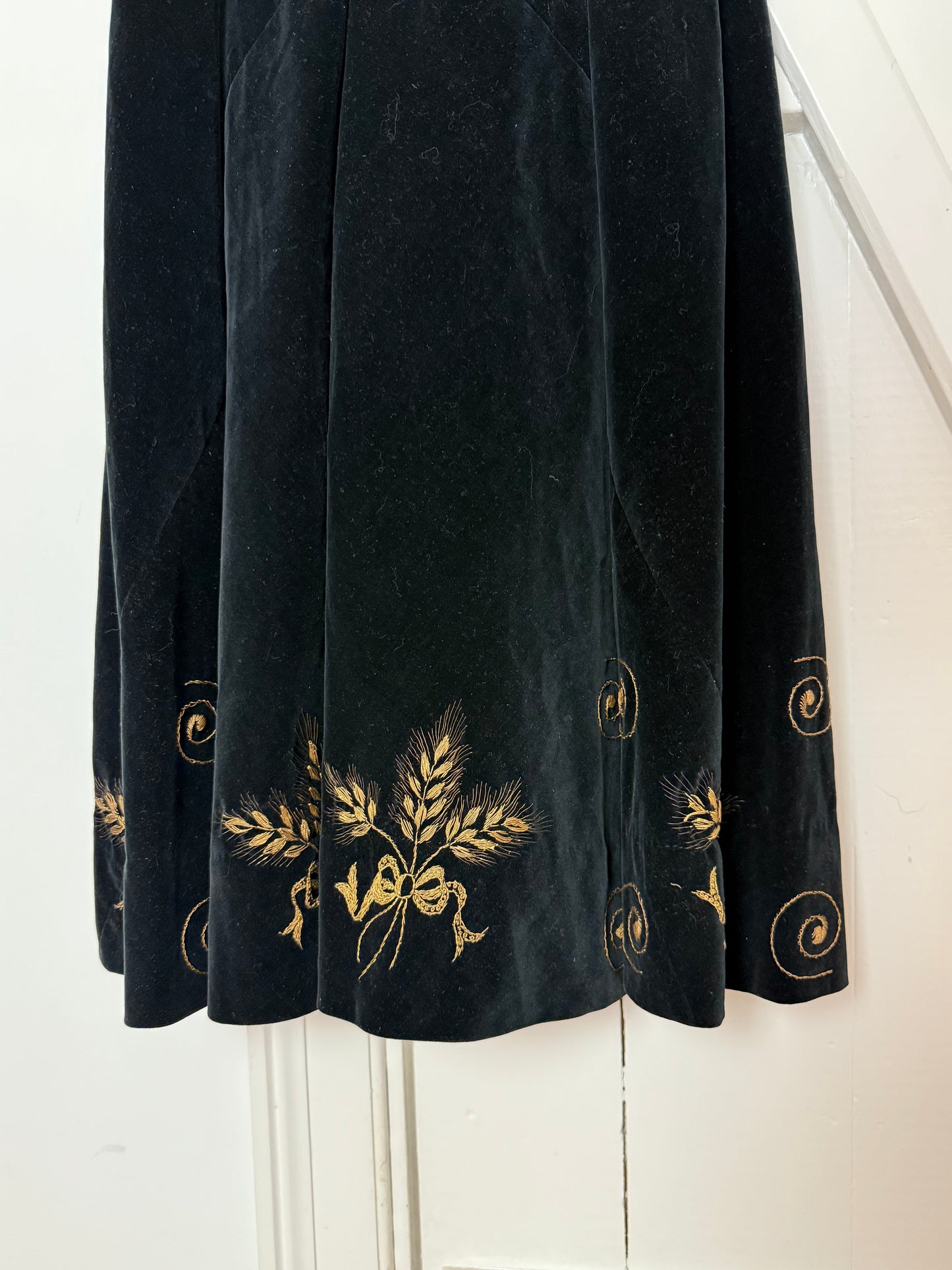 Vintage Black Velvet Embroidered Midi Dress with Gold Floral Details