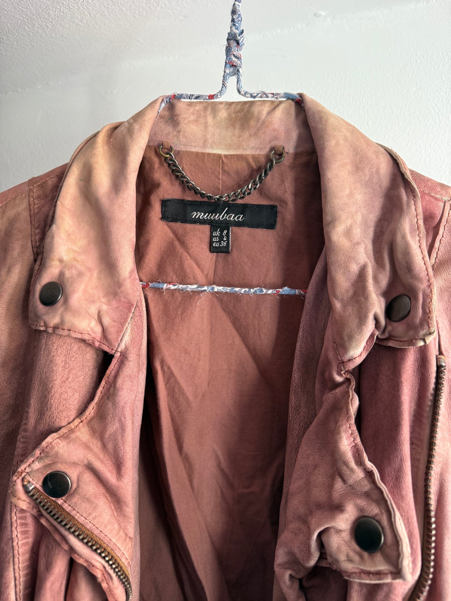 Muubaa Distressed Dusty Rose Leather Biker Jacket
