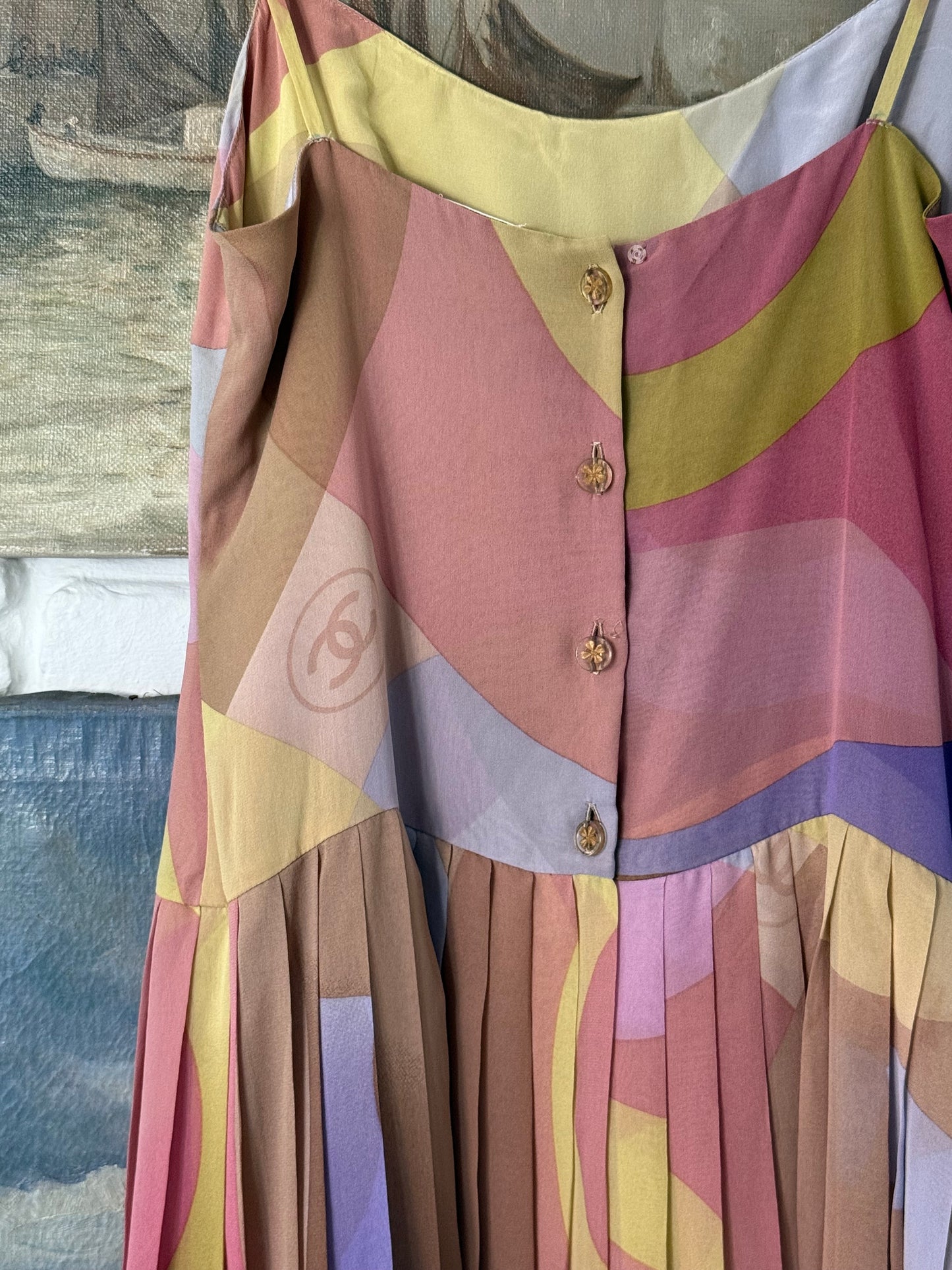 Iconic Vintage Chanel Silk Pleated Dress with Multicolor Abstract Print