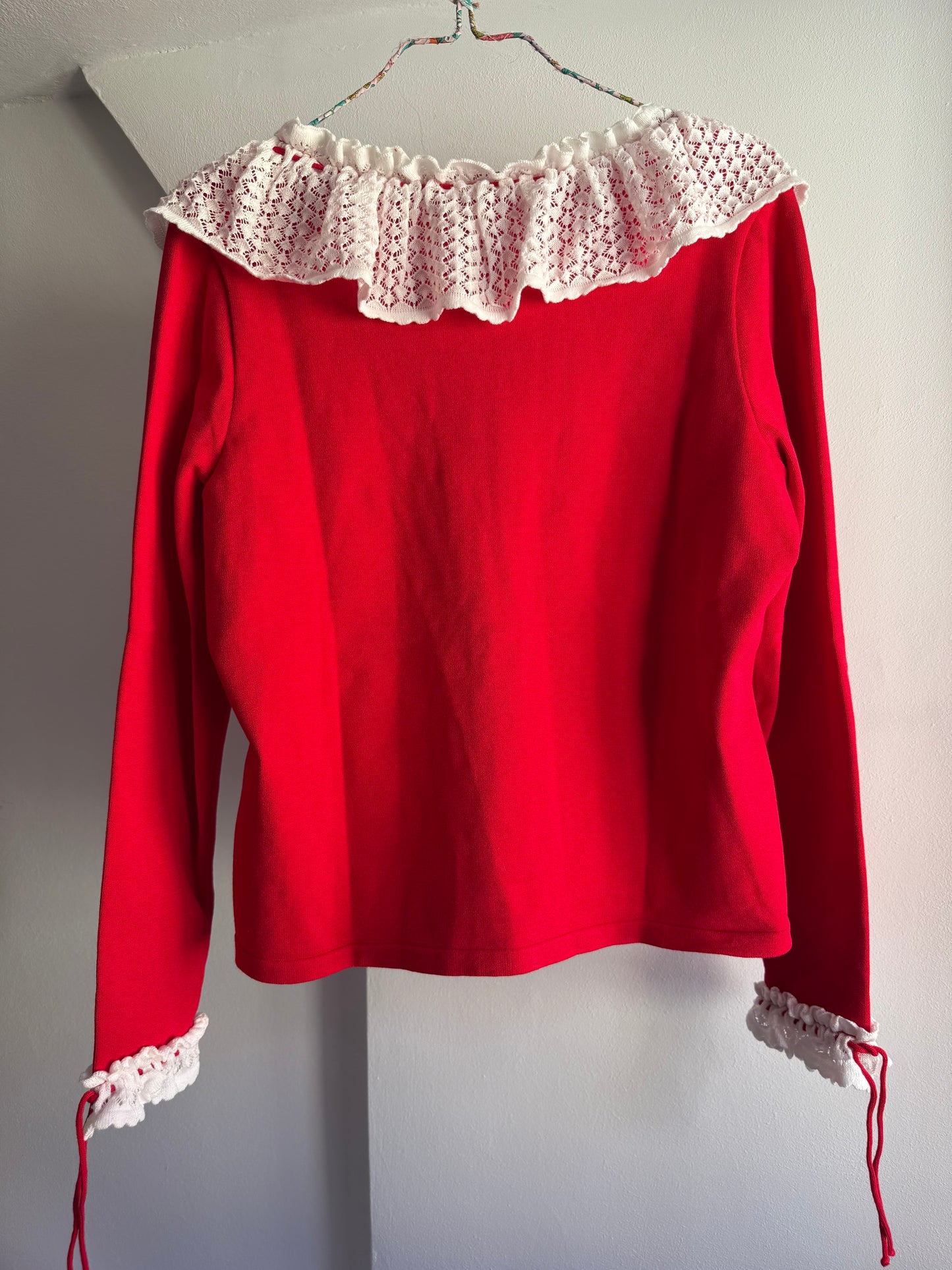 Sleeper Red Knit Cardigan with Lace Collar