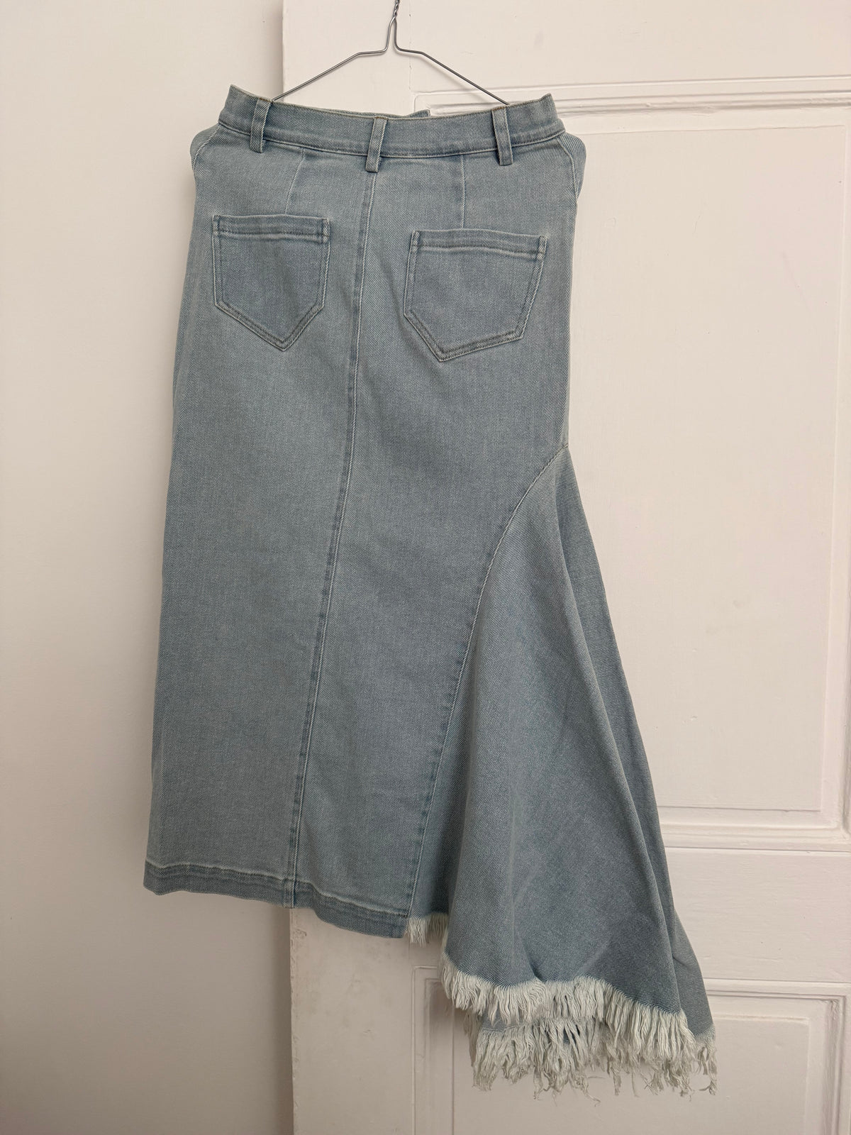 Naya Rea Asymmetric Flared Denim Midi Skirt