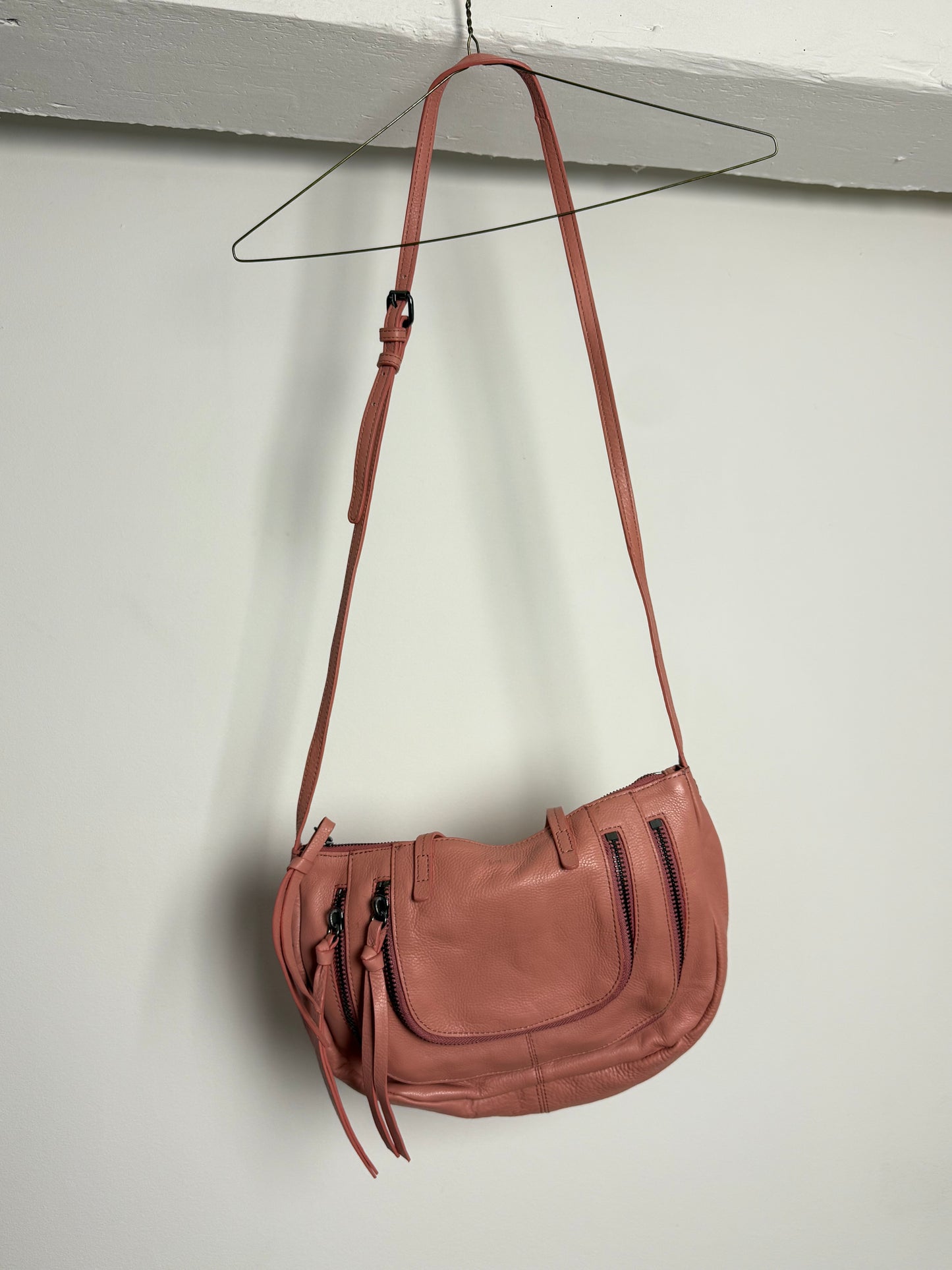 Kooba Blush Soft Leather Shoulder Bag with Multi Zip Pockets and Adjustable Strap