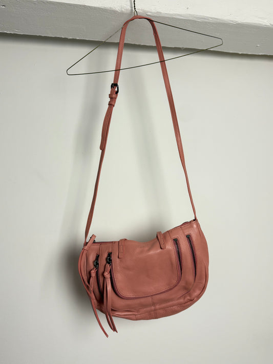 Kooba Blush Soft Leather Shoulder Bag with Multi Zip Pockets and Adjustable Strap