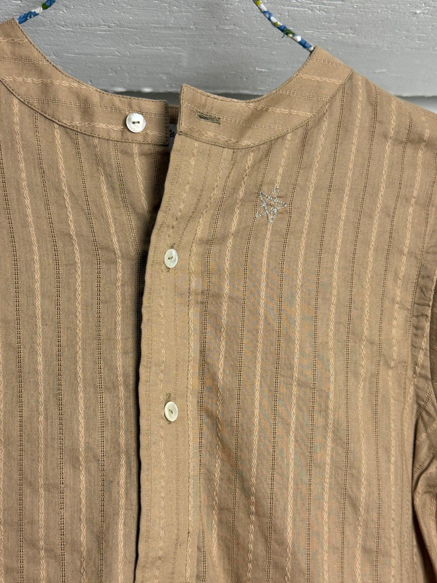 Christensen x Sigersen Beige Textured Cotton Blouse with Cropped Sleeves and Embroidered Star Detail