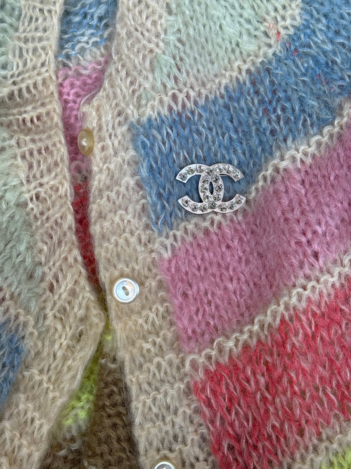 Vintage Chanel CC Logo Brooch with Heart Shaped Crystals in Silver Tone