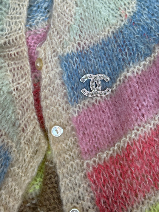 Vintage Chanel CC Logo Brooch with Heart Shaped Crystals in Silver Tone