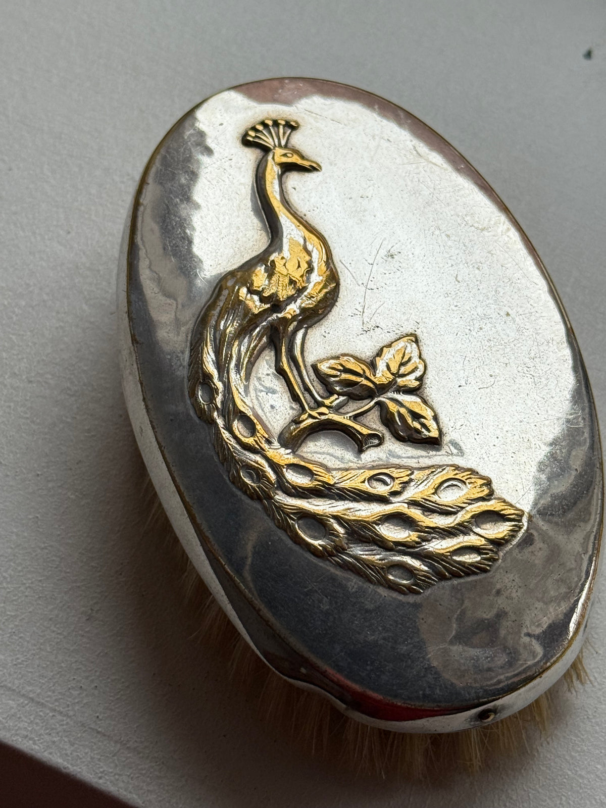 Vintage Silver Tone Peacock Garment Brush