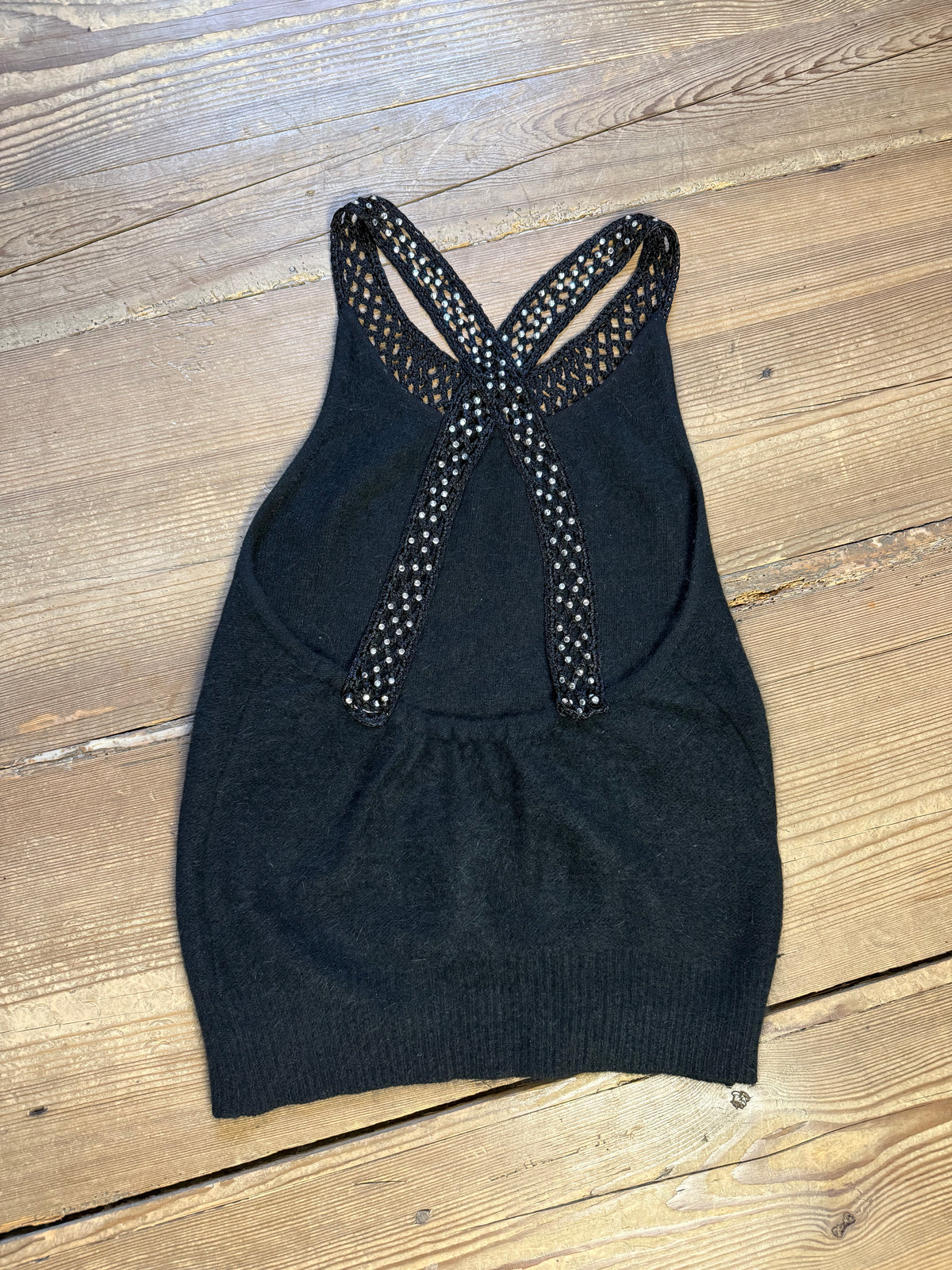 Vintage Black Top with Rhinestones and a Cross-Back Design