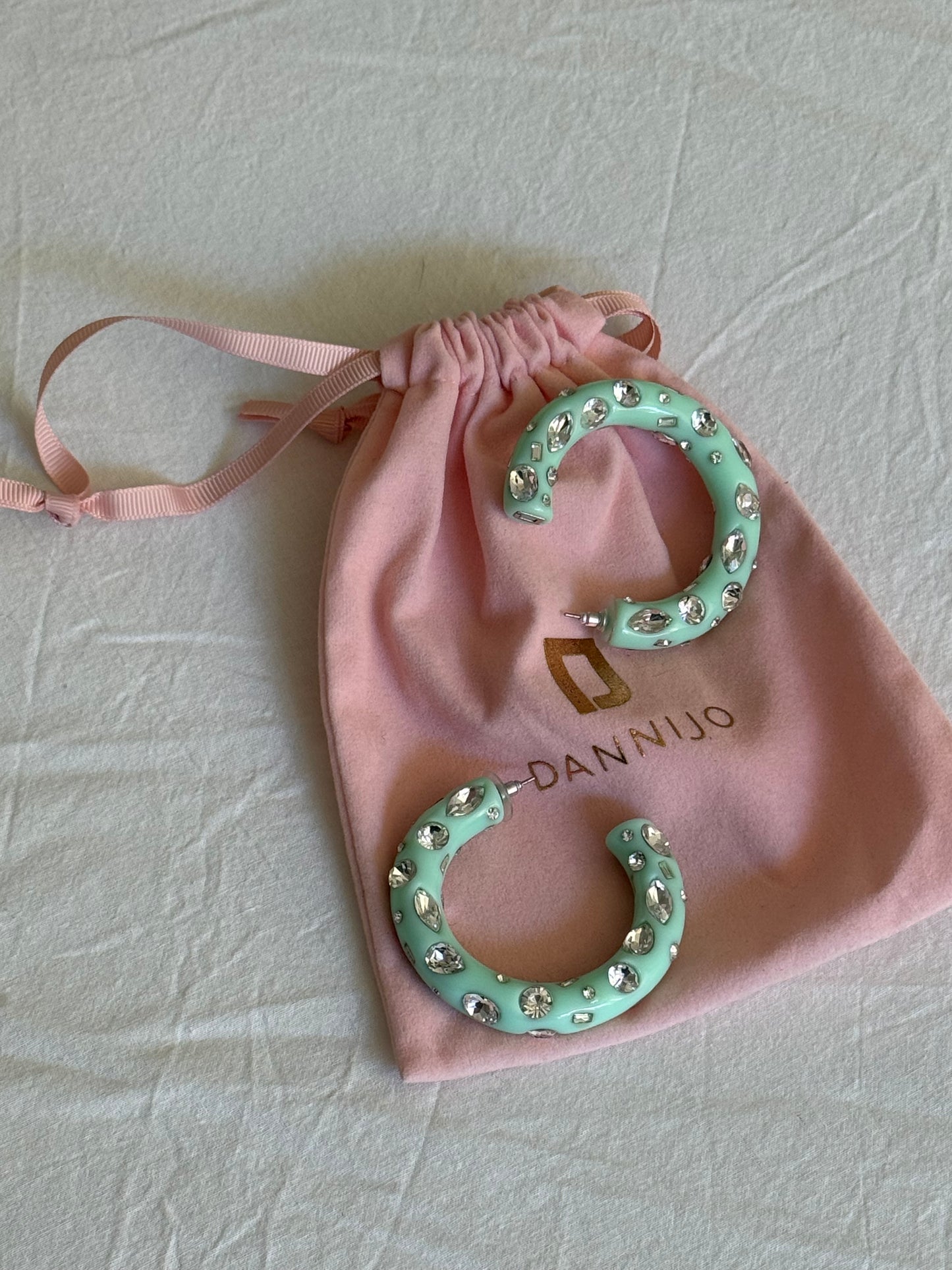 Dannijo Mint Green Resin Hoop Earrings with Crystal Embellishments
