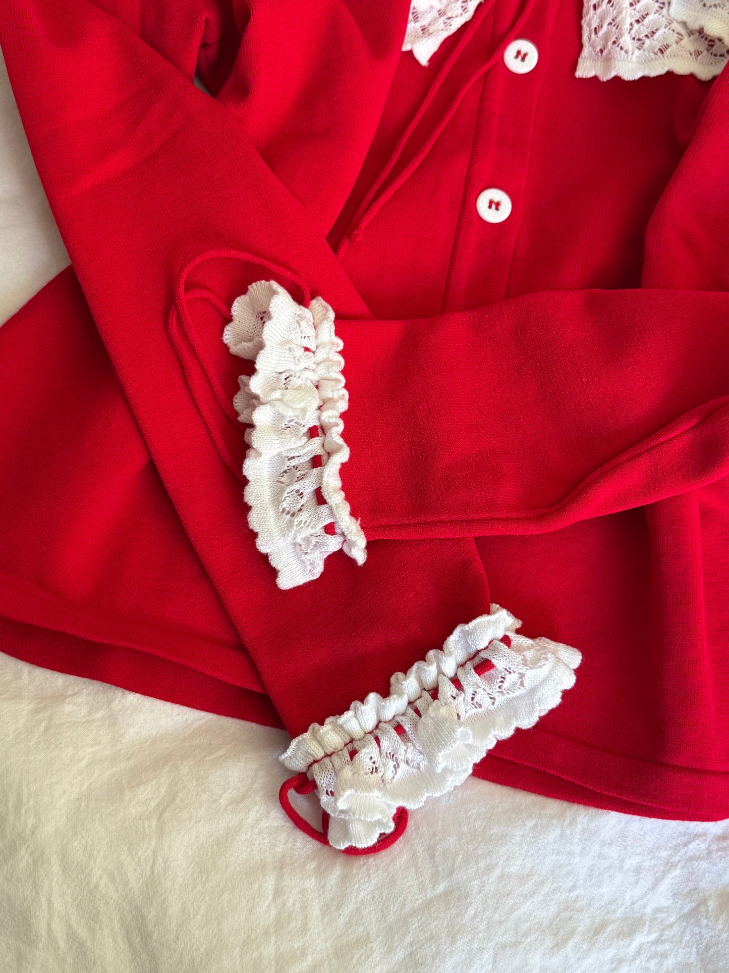 Sleeper Red Knit Cardigan with Lace Collar