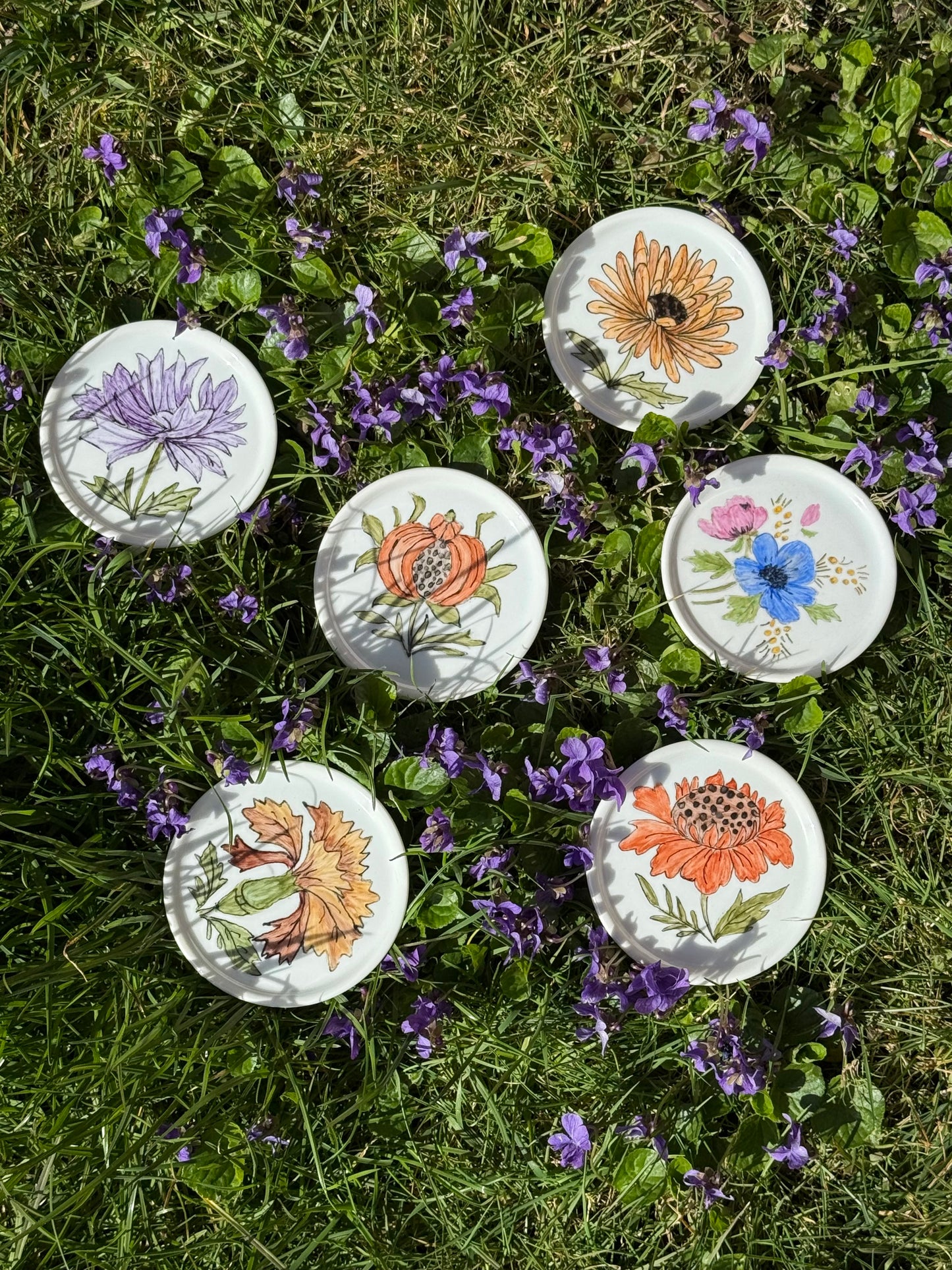 Porcelain Coasters with Hand Painted Floral Motifs Set of 6
